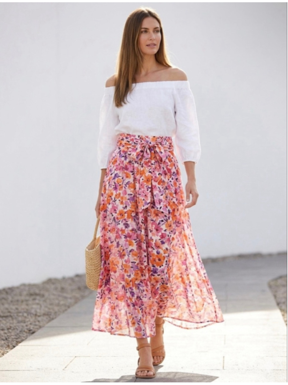 HER Destiny Floral Maxi Skirt S Pink Orange